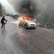 Car Catches Fire Near Tuin Khola Along Mugling Road, Occupants Safe